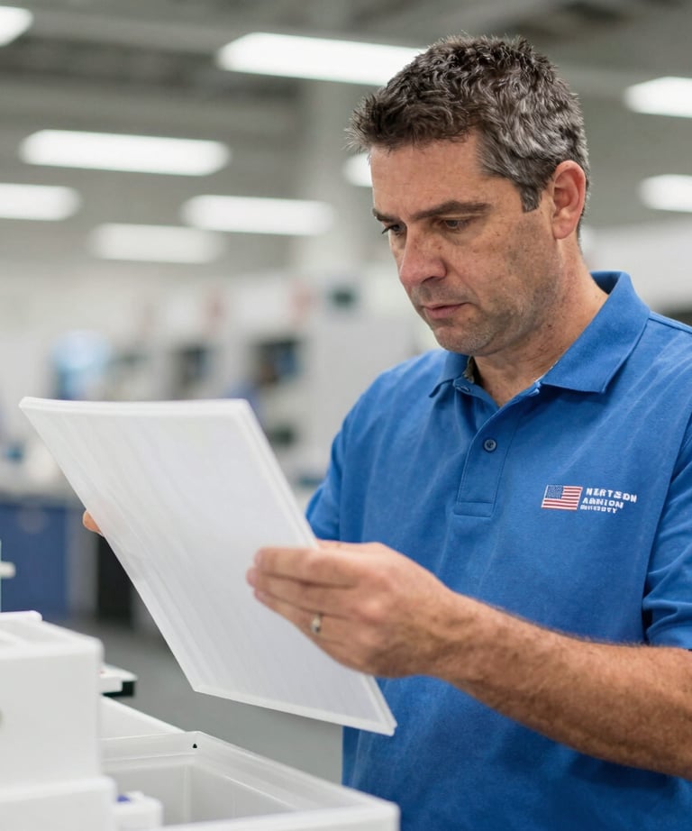 Rows of custom molded plastic parts neatly arranged on a factory shelf ready for shipment.