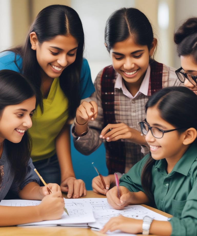 Students happily working together on a math problem with guidance.