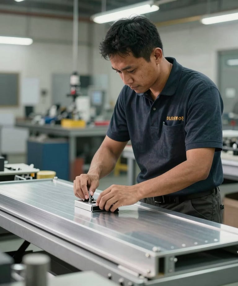 Seorang anggota tim pria Asia Tenggara yang menggunakan alat pelindung diri sedang merakit rangka lemari aluminium di bengkel yang modern.