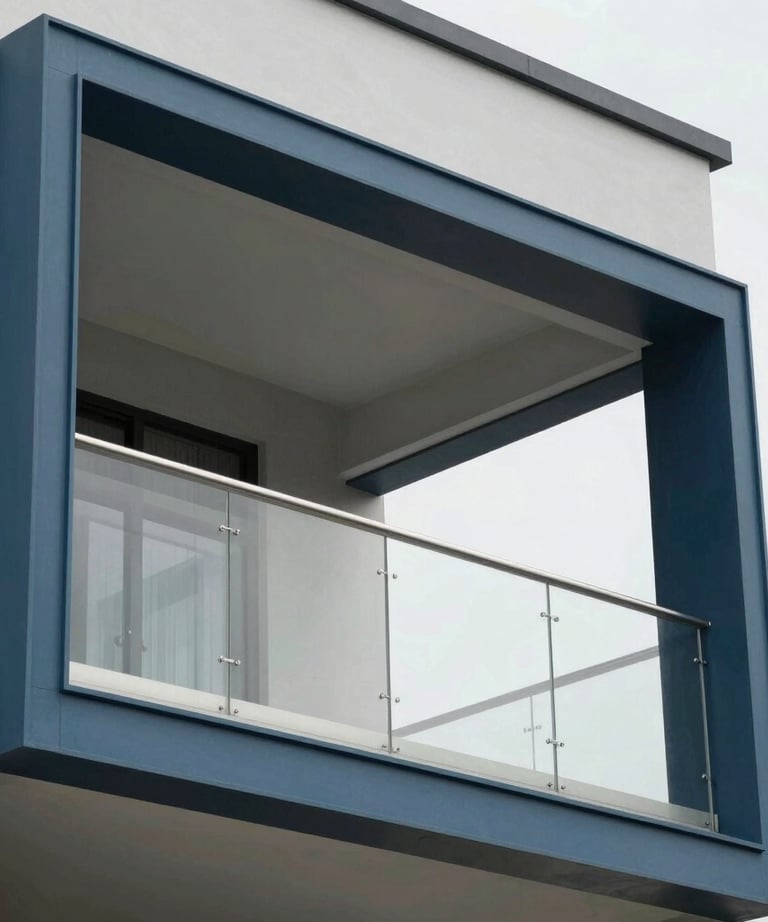 Pintu aluminium geser besar dengan bingkai biru gelap tipis yang menghadap ke balkon, menunjukkan gaya arsitektur modern yang bersih.