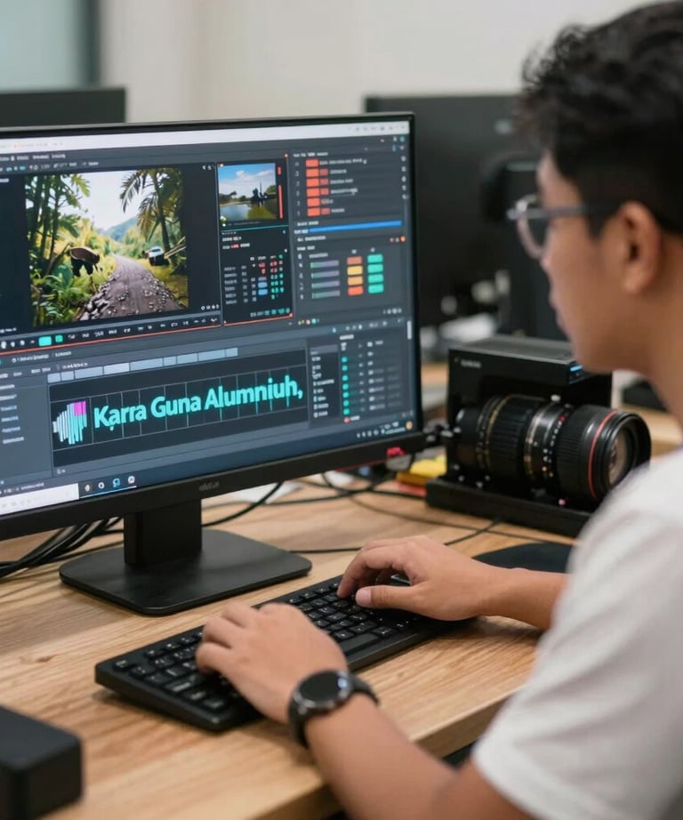 Anggota tim kreatif pria Asia Tenggara sedang mengedit video pendek di komputer untuk kampanye media sosial Karya Guna Aluminium.