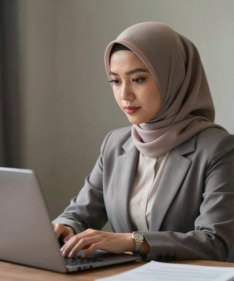 Seorang anggota tim wanita Asia Tenggara yang profesional sedang mengelola akun media sosial di laptop, dengan latar belakang rak aluminium yang estetik.