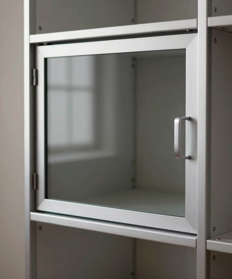 Foto produk lemari pakaian aluminium minimalis dengan pintu geser kaca buram, berdiri di ruang pamer bergaya Skandinavia yang bersih.