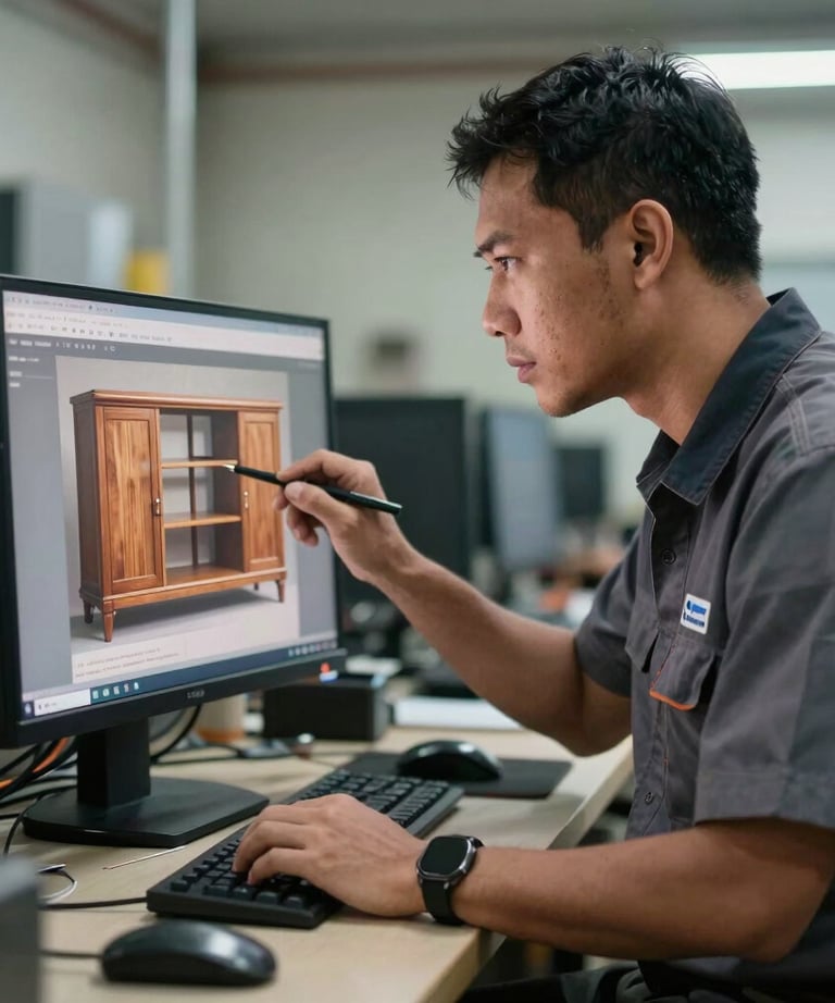 Potret kepala bengkel pria Asia Tenggara yang mengenakan seragam profesional, sedang memeriksa desain furnitur di layar monitor di area bengkel yang rapi.