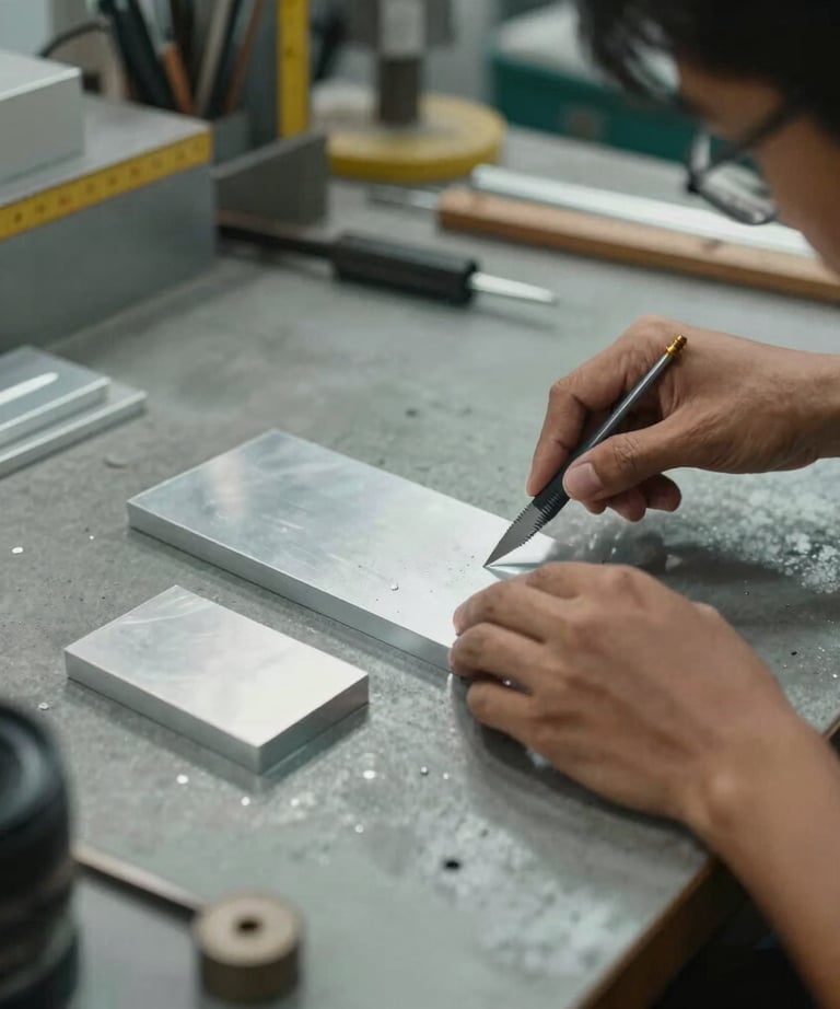 Seorang pengrajin ahli sedang mengukur potongan aluminium dengan teliti di meja kerja bengkel yang tertata rapi.