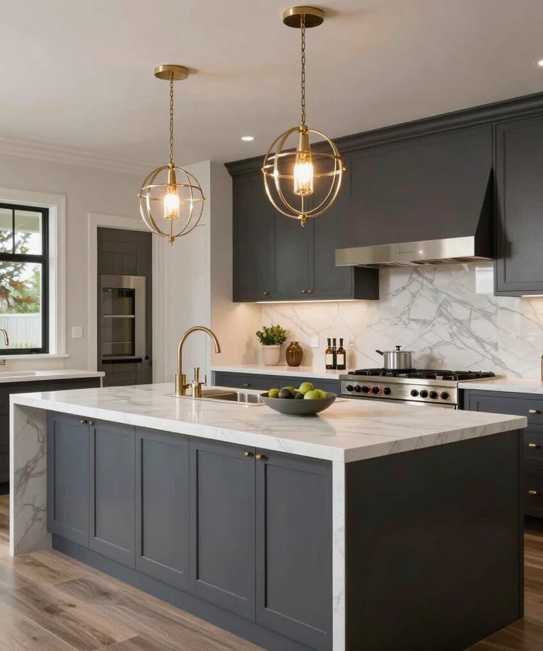Modern white kitchen with stainless steel range, vent hood, and under-cabinet lighting.