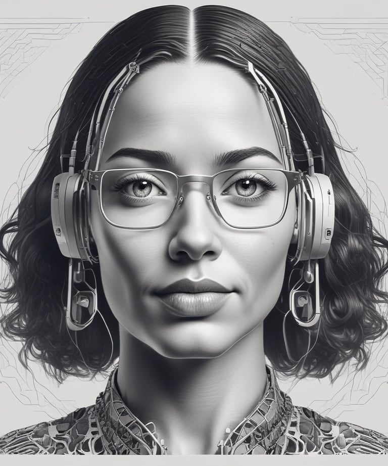 Close-up of a digital personality's subtle facial expressions rendered in elegant minimalism.