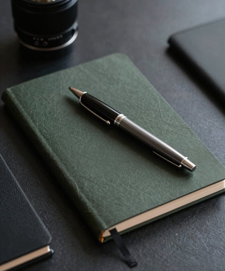 Clean, dark workspace with a professional notebook and high-end pen, minimalist South American executive style, dark sustainability vibe.