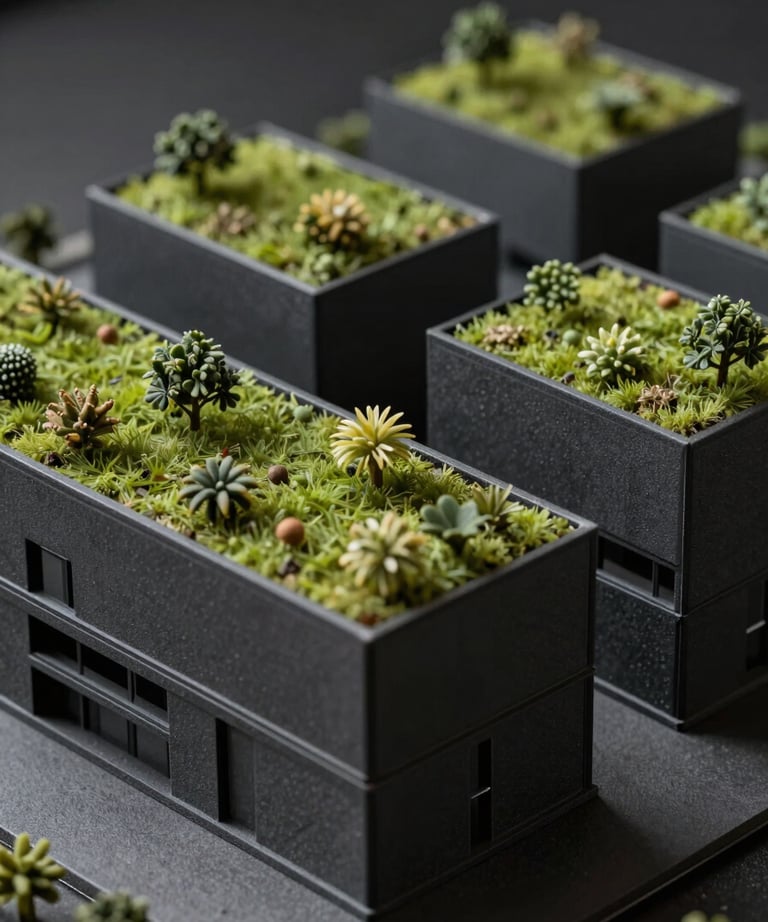 Moody macro shot of a charcoal-colored architectural model featuring sustainable green roofs, high-end photography, sophisticated dark lighting.