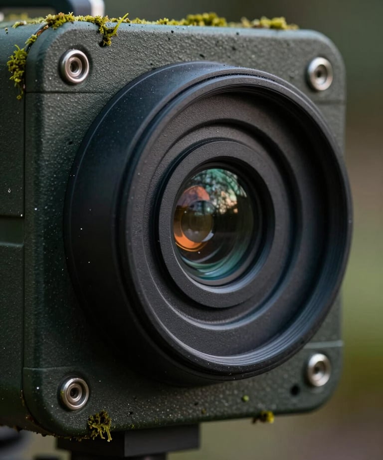 Conceptual close-up of a high-tech environmental monitoring sensor, dark industrial design, black and dark moss green tones, professional photography.