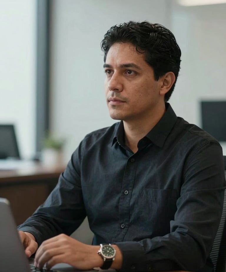 A professional environmental engineer in a South American / Latin American corporate office setting, focused expression, minimal dark attire, sophisticated background.