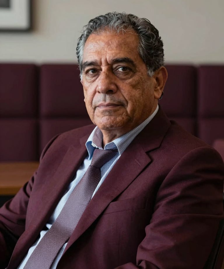Portrait of a senior Latin American consultant in a dark, professional executive lounge, deep aubergine upholstery, soft focused lighting on face, authoritative look.