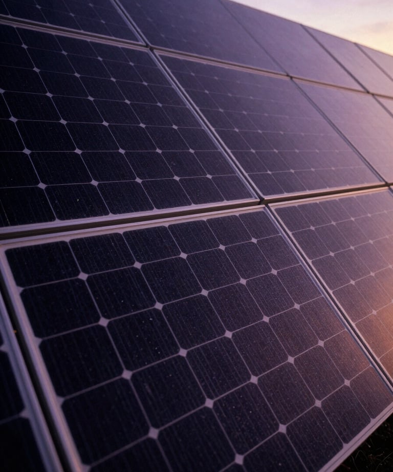 Abstract detail of a modern solar panel array at twilight, deep black and violet reflections, powerful industrial sustainability concept.