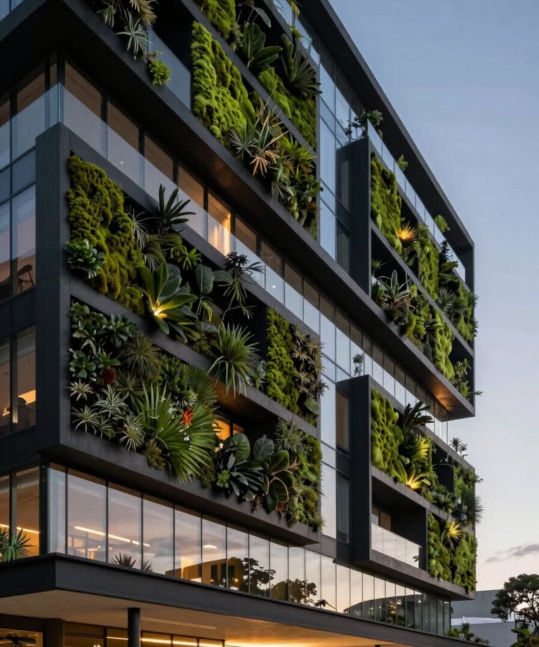Atmospheric architectural view of a sustainable modern building in South America at dusk, showcasing black glass and dark moss green vertical gardens, sophisticated lighting.