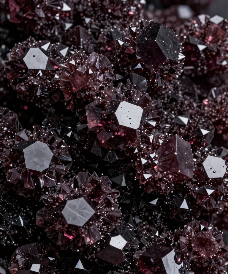 Abstract photography of dark crystalline textures, deep aubergine tones, high contrast, sophisticated and professional feel.