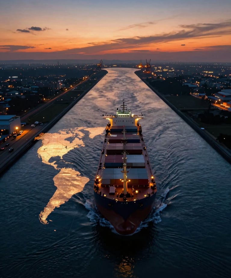 Vista aérea dramática de un carguero navegando por un canal estrecho entre continentes, con rutas de envío iluminadas digitalmente sobre el mapa, luz de atardecer, tonos profundos de azul y naranja, cinemático.