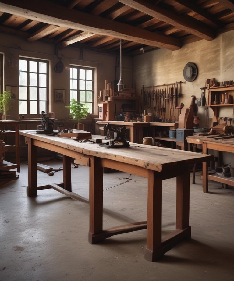 A warmly lit workshop filled with wooden sculptures and tools scattered on a workbench.
