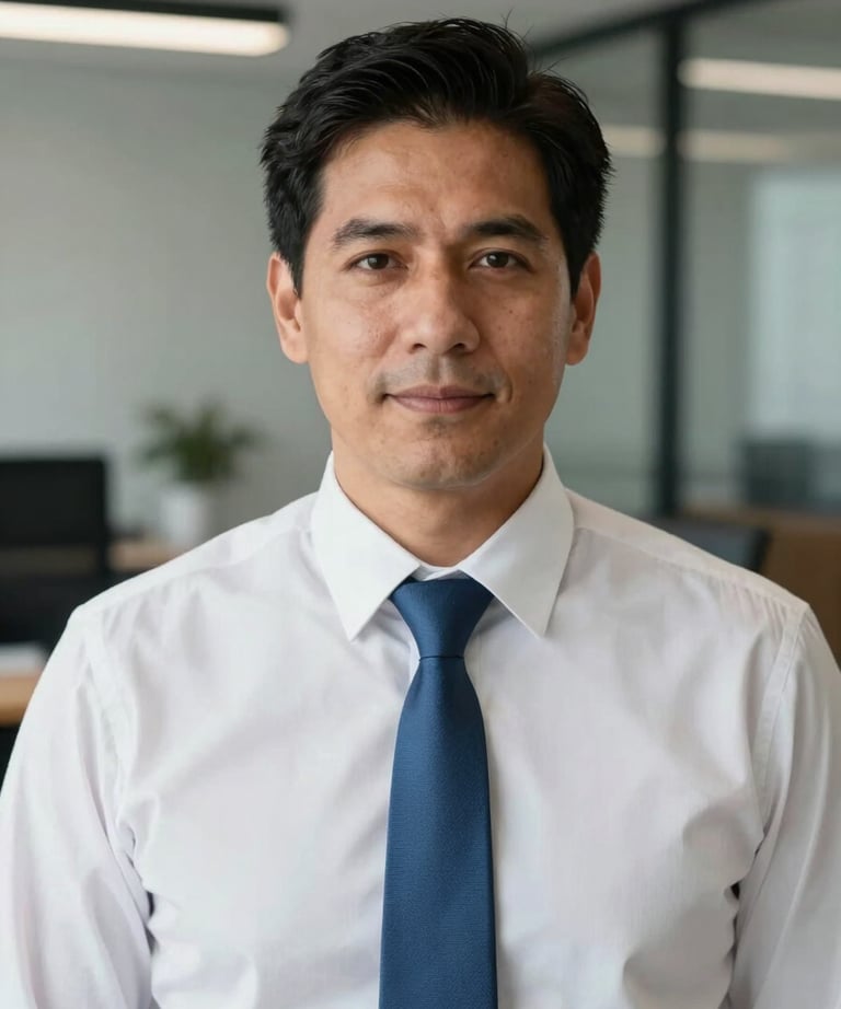 Portrait of a Latin American male consultant in a white shirt and steel blue tie, looking confident and approachable in a modern office.