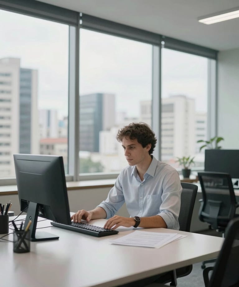 Wide shot of a professional at a desk in a bright São Paulo office building, with blurred city views. Professional, clean, and modern.