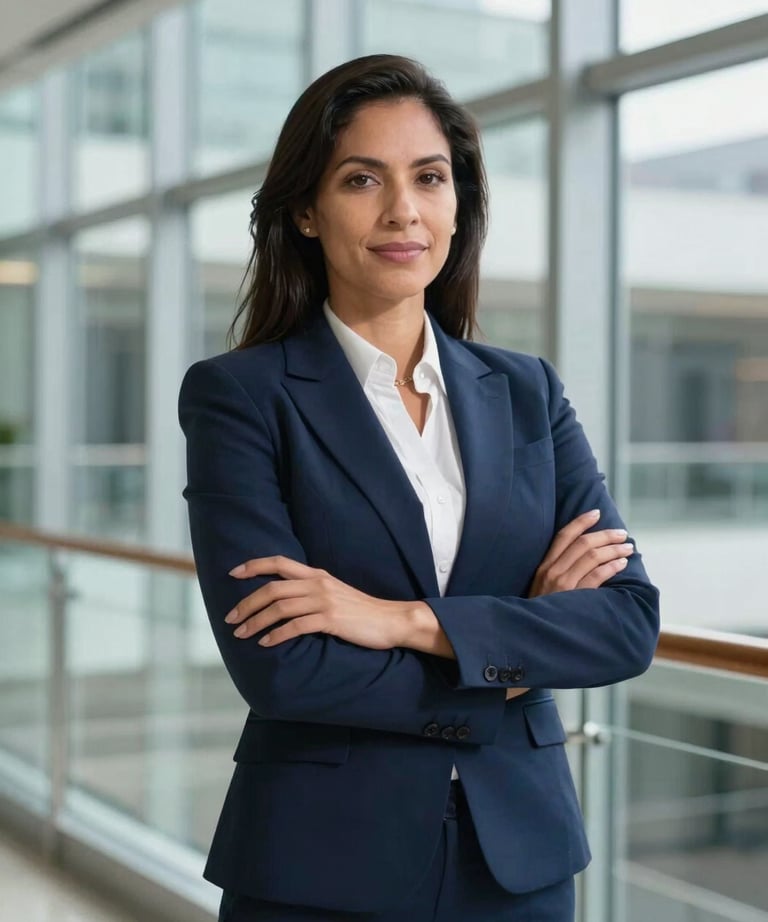 A portrait of a South American female executive in a professional navy blue suit, standing in a brightly lit glass atrium, conveying trust and expertise.