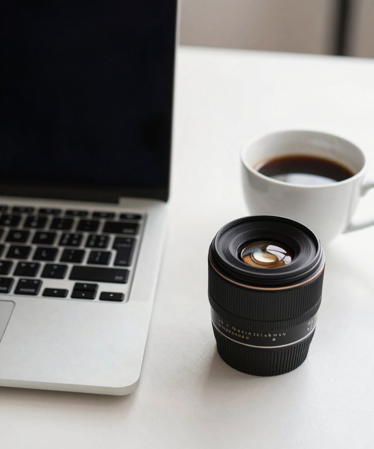 A close-up of a professional desk with a laptop and a cup of coffee, clean and organized with soft lighting in a Latin American professional context.