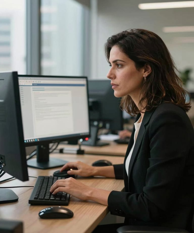 A professional woman working at a desk with two monitors in a modern São Paulo office, soft natural lighting, authoritative yet calm mood.