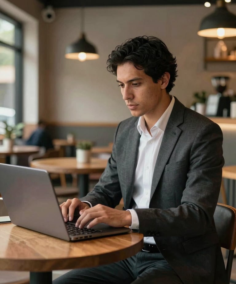 South American professional sitting in a clean, modern cafe in Medellín, working on a laptop. Atmosphere of focused productivity and modern business.