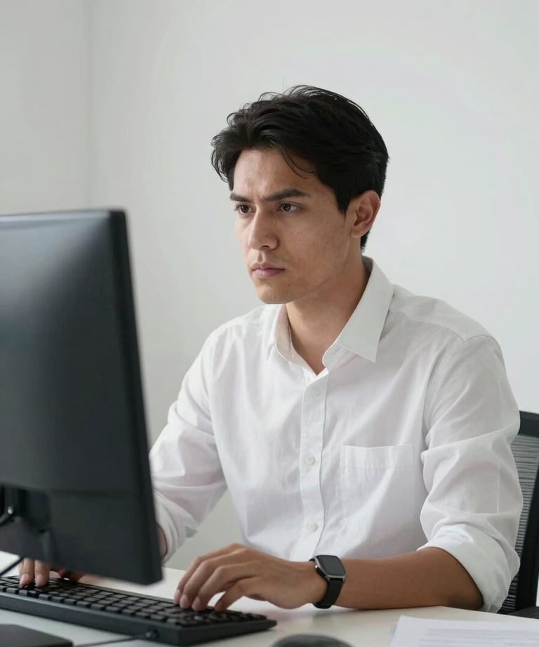 A focused professional in a minimalist white office environment, looking at a screen with a serious, expert expression. South American setting.