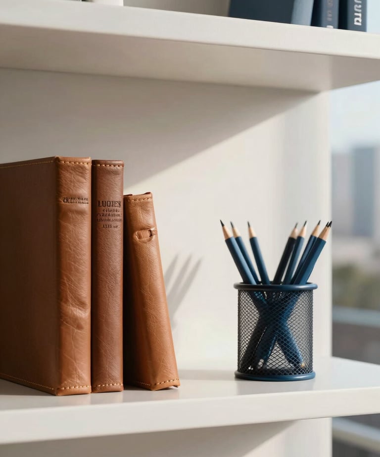 Clean minimalist office shelf with leather-bound books and professional steel blue stationary, soft morning light in a Latin American business district.