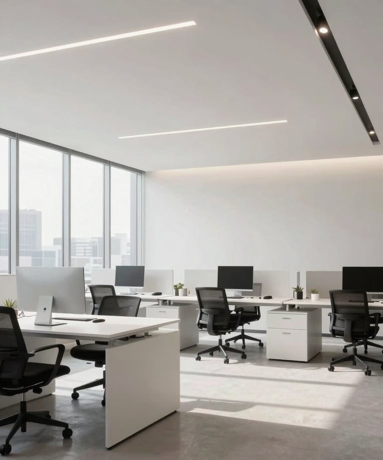 Modern office interior in Santiago with minimalist furniture and high ceilings. Soft daylight and a professional, calm atmosphere in pearl white.
