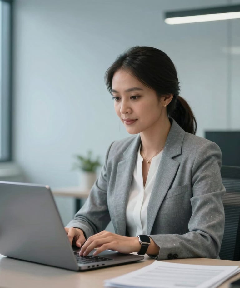 Portrait of an Indonesian female IT professional in business attire, working on a sleek laptop in a bright blue-grey office. Confidence and technical expertise reflected in lighting.