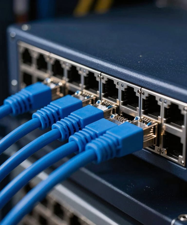 Close-up of a high-tech network switch with bright blue ethernet cables. Dark navy technical background, sharp focus, professional IT environment.