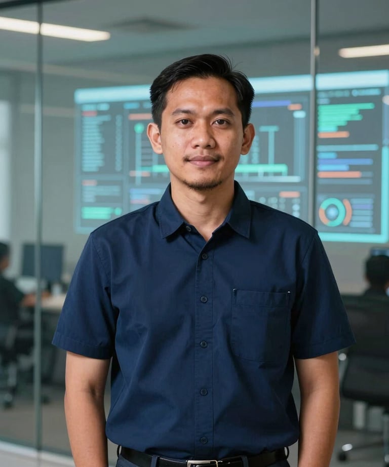 Portrait of a Southeast Asian / Indonesian male developer, standing in front of a glass wall with digital projections. Professional navy blue attire, tech-focused setting.