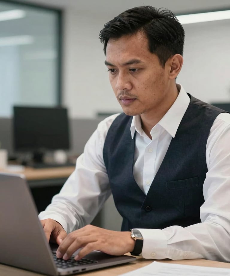 Close-up portrait of a Southeast Asian / Indonesian male in a white dress shirt and dark vest, working on a clean laptop with a professional expression. Modern tech office background.