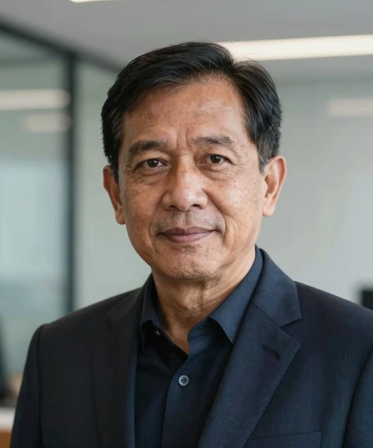 Close-up portrait of a senior Southeast Asian / Indonesian IT executive in a dark navy tailored blazer, looking confident in a professional modern office setting. Sharp focus, natural lighting.