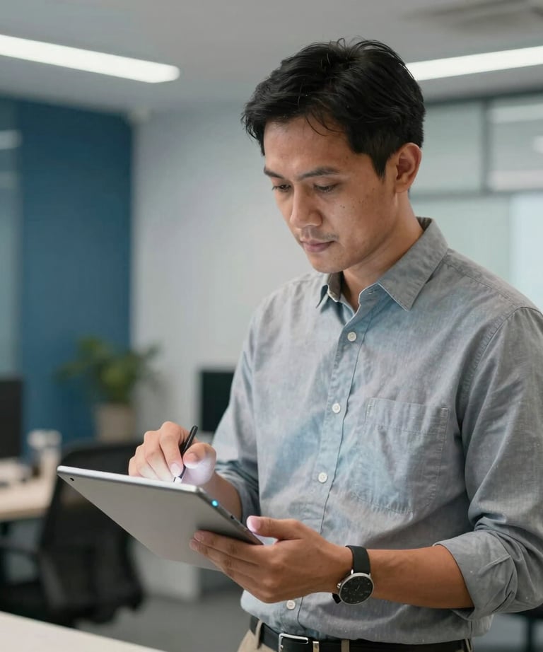 Professional Indonesian man in business casual attire presenting a digital strategy on a tablet. Modern office background with blue-grey and white elements.
