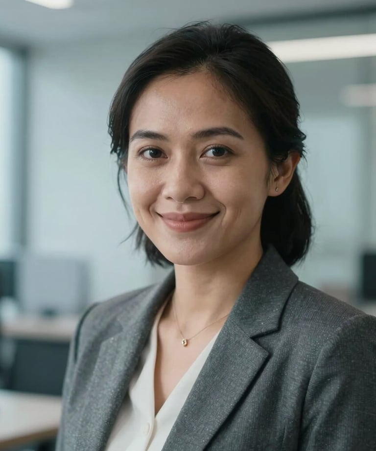 Close-up portrait of a professional Indonesian woman, a software architect, in a modern office with light blue-grey tones. Looking forward with a confident smile.