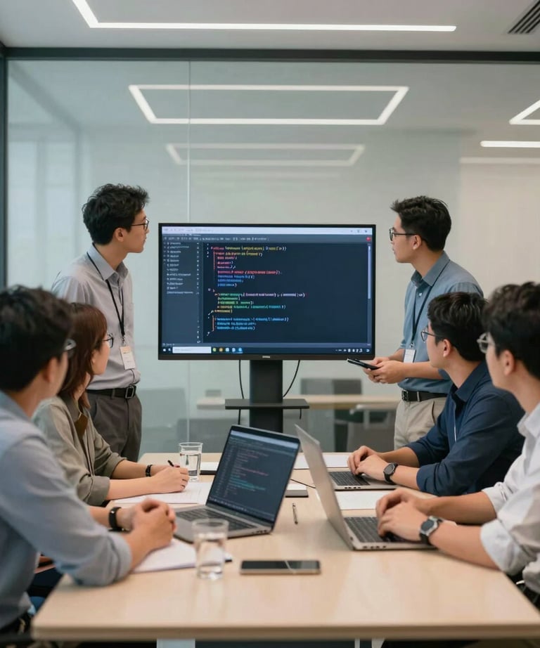 A group of professional Southeast Asian / Indonesian software engineers in a bright, modern glass-walled meeting room, discussing code on a screen. Sophisticated off-white and blue-grey interior.