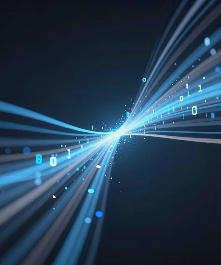 Macro photography of an encrypted data stream represented by light trails in blue and grey against a dark background. Symbolizing cybersecurity and data flow.