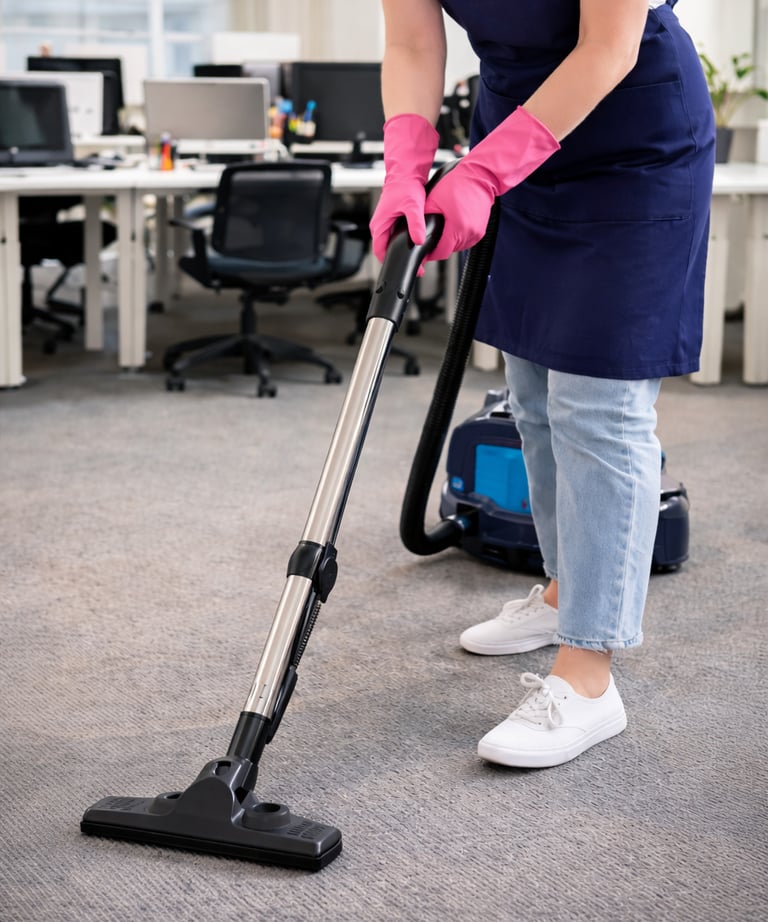 professional office cleaning service vacuuming carpet in workspace