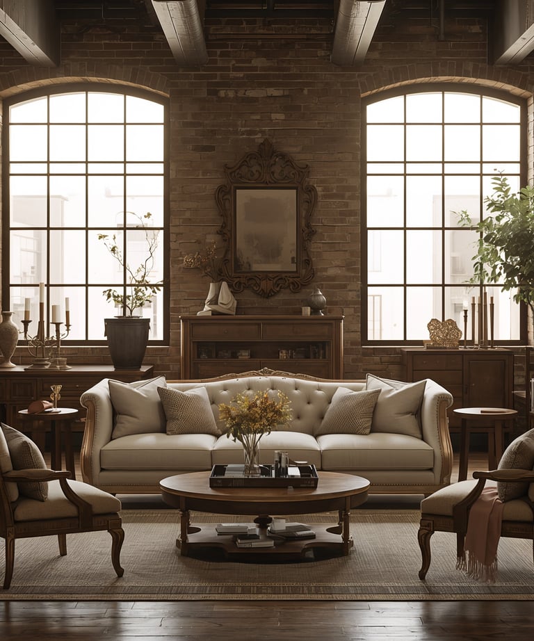 Rustic industrial living room with exposed brick walls, vintage furniture, and a tufted sofa.