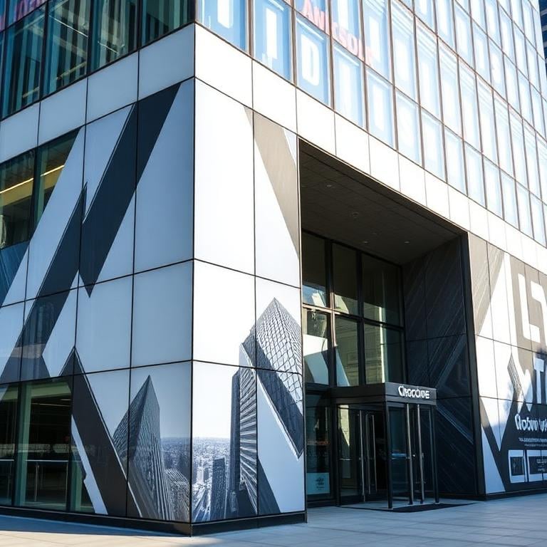 Modern glass office building with geometric black and white mural graphics on the exterior facade.