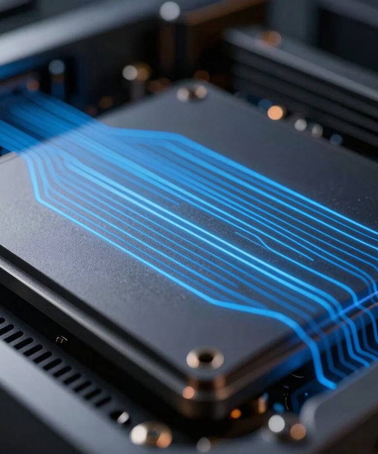 Macro photography of a sleek, dark metallic computer component with soft blue glowing lines, symbolizing high-speed processing. North American / Global Financial Market.