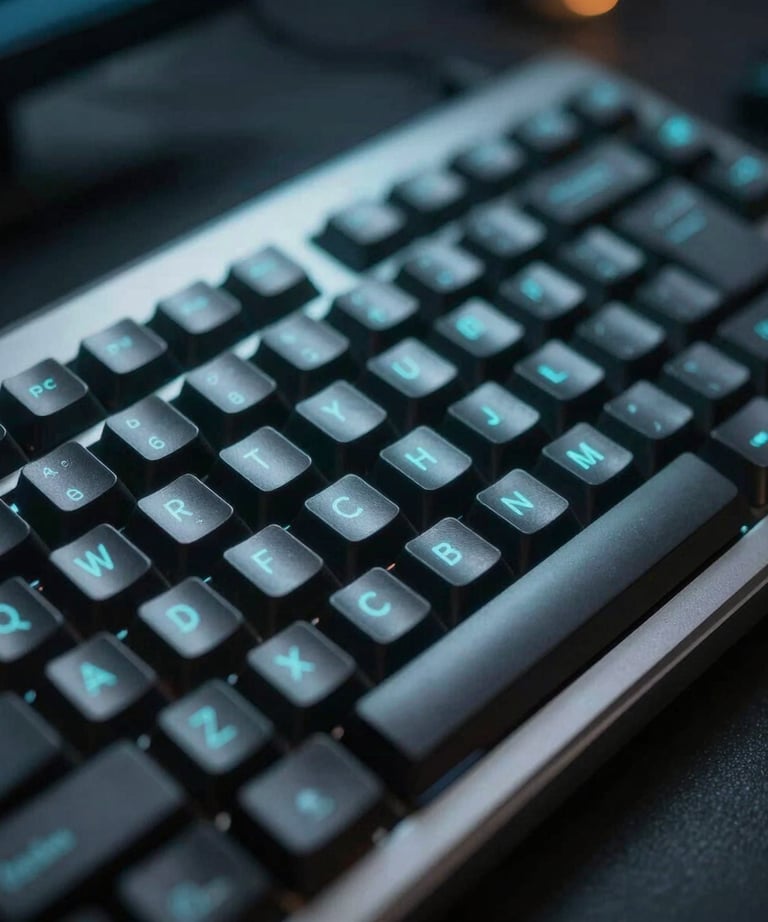 Macro photography of a sleek, dark metal computer keyboard in a dimly lit trading room with soft cyan highlights. North American / Global Financial Market.