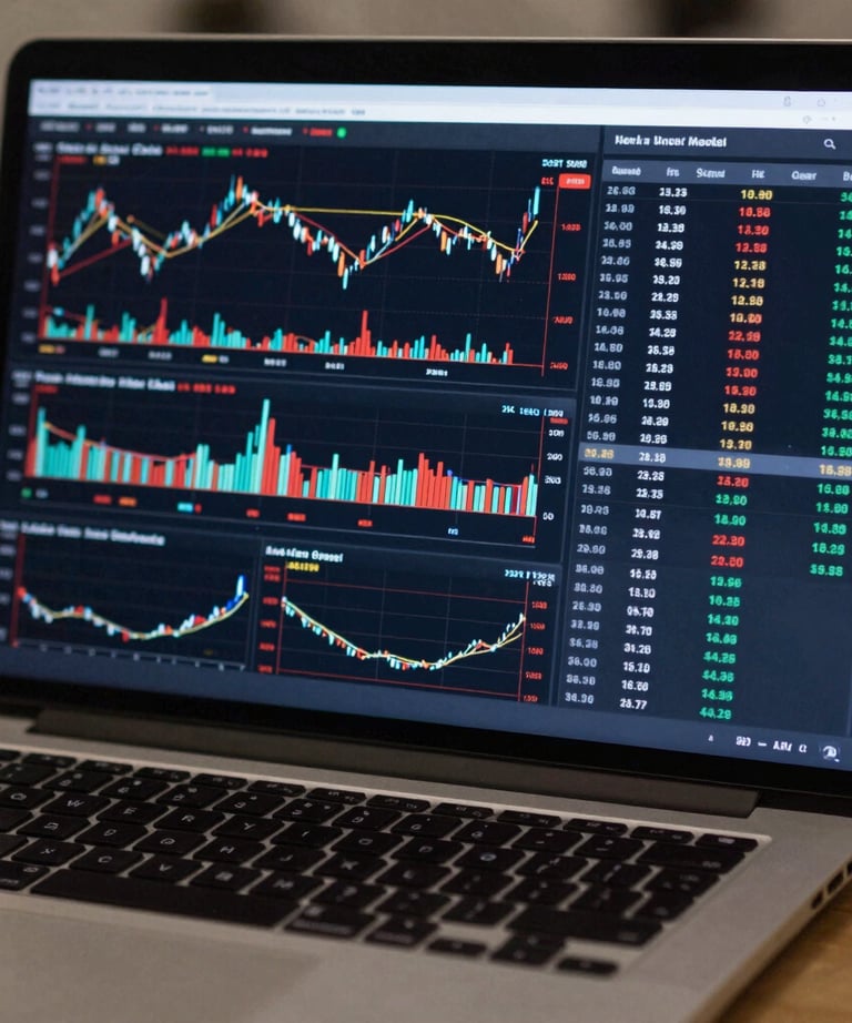 A detailed photograph of a professional trading dashboard on a laptop, featuring complex charts and data tables. North American / Global Financial Market.