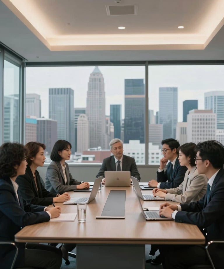 A professional shot of a modern office meeting room with glass walls and a view of the city skyline. North American / Global Financial Market.