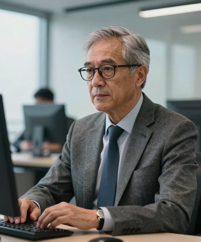A professional portrait of a senior financial analyst in a modern office, looking focused and sophisticated. North American / Global Financial Market.