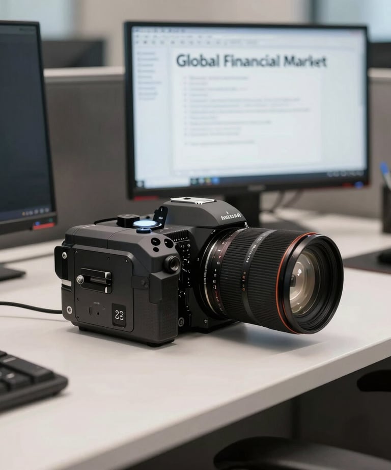 A sharp, detailed photograph of a professional office desk with a clean aesthetic and high-tech equipment. North American / Global Financial Market.