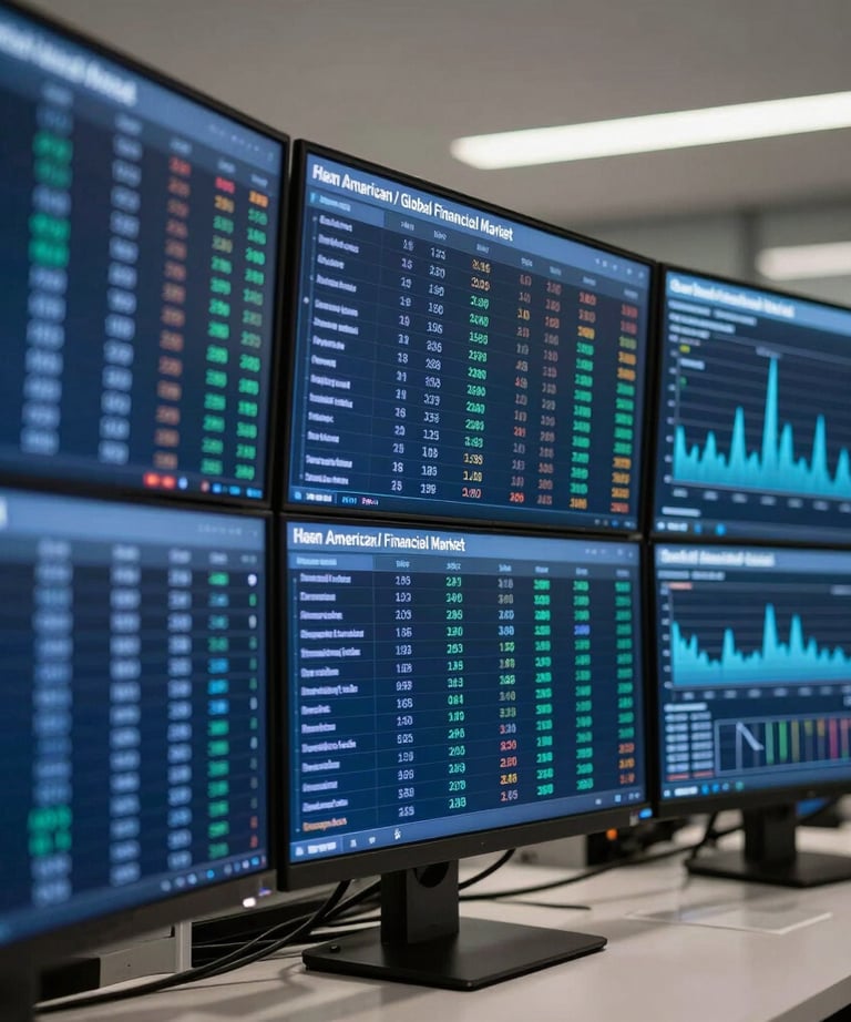 A professional shot of a modern financial office with high-tech displays showing glowing blue market data. North American / Global Financial Market.