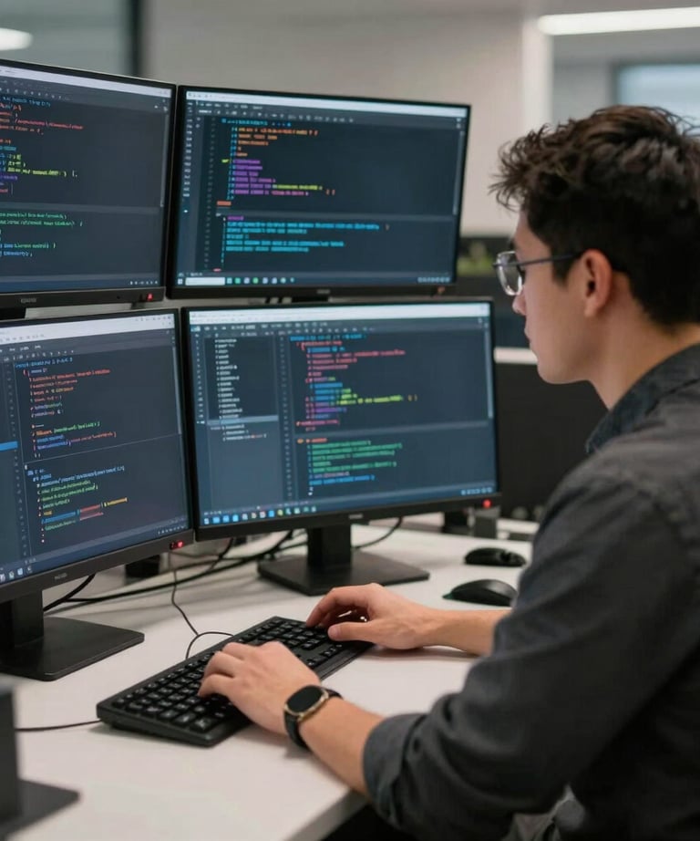 A professional photograph of a lead software engineer at a workstation with multiple monitors showing code and data. North American / Global Financial Market.